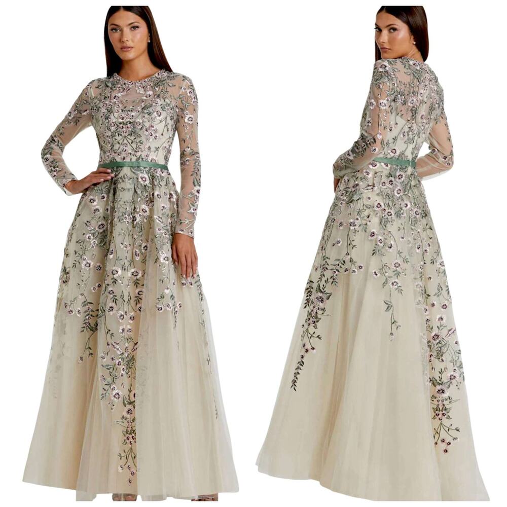 Mac Duggal Cream and Sage Floral Embroidered Tulle Gown